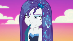 Size: 1920x1080 | Tagged: safe, screencap, rarity, better together, do it for the ponygram!, equestria girls, the other side, bare shoulders, blooper, female, lidded eyes, sleeveless, solo, spitting, strapless, the other side bloopers, water, wet, wet hair, wet hairity