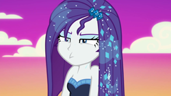 Size: 1920x1080 | Tagged: safe, screencap, rarity, better together, do it for the ponygram!, equestria girls, the other side, bare shoulders, blooper, female, lidded eyes, sleeveless, solo, strapless, the other side bloopers, wet hair, wet hairity