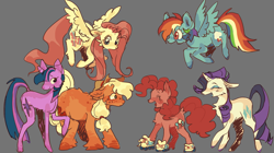 Size: 3789x2118 | Tagged: safe, artist:kiingbbu, derpibooru import, applejack, fluttershy, pinkie pie, rainbow dash, rarity, twilight sparkle, unicorn twilight, earth pony, pegasus, pony, unicorn, colored hooves, cowboy hat, digital art, eyes closed, female, flying, gray background, hat, mane six, mare, roller skates, simple background, smiling, unshorn fetlocks