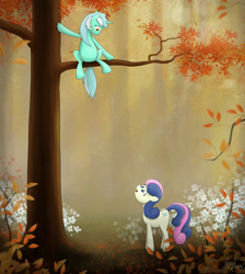 Size: 1600x1785 | Tagged: safe, artist:sslug, bon bon, lyra heartstrings, sweetie drops, earth pony, pony, unicorn, duo, tree