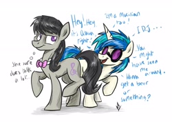 Size: 3541x2508 | Tagged: safe, artist:navigatoralligator, dj pon-3, octavia melody, vinyl scratch, earth pony, pony, dialogue, female, hilarious in hindsight, lesbian, scratchtavia, shipping