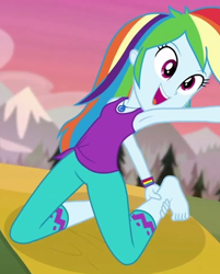 Size: 518x644 | Tagged: safe, derpibooru import, screencap, rainbow dash, better together, equestria girls, wake up!, wake up!: rainbow dash, armpits, clothes, cute, dashabetes, feminism, inverse badger, stretching, tanktop, yoga