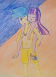 Size: 765x1044 | Tagged: safe, artist:little-miss-oshawott, derpibooru import, comet tail, twilight sparkle, equestria girls, beach, belly button, bikini, clothes, cometlight, equestria girls-ified, piggyback ride, shipping, swimsuit, topless, traditional art