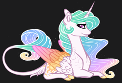 Size: 1200x823 | Tagged: safe, artist:australian-senior, princess celestia, alicorn, pony, colored wings, ethereal mane, female, leonine tail, mare, multicolored wings, prone, solo