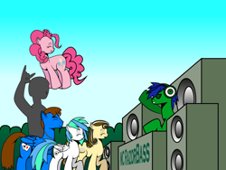 Size: 800x600 | Tagged: safe, artist:dekomaru, pinkie pie, oc, oc:anon, oc:razor bass, earth pony, human, pegasus, pony, disc jockey, female, male, mare, pronking, speakers, stallion, tumblr:ask twixie