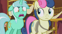 Size: 1023x567 | Tagged: safe, screencap, bon bon, lyra heartstrings, sweetie drops, slice of life (episode), angry, bon bond, discovery family logo, lyra is not amused, open mouth, secret agent sweetie drops, town hall