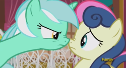 Size: 851x460 | Tagged: safe, screencap, bon bon, lyra heartstrings, sweetie drops, slice of life (episode), boop, lyra is not amused, nose wrinkle, noseboop, scrunchy face