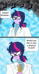 Size: 555x1052 | Tagged: safe, artist:combatkaiser, derpibooru import, sci-twi, twilight sparkle, equestria girls, clothes, crossover, dc comics, dio brando, glasses, jojo's bizarre adventure, lab coat, pencil, stardust crusaders, the dark knight, the joker, the world, za warudo