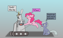 Size: 1284x780 | Tagged: safe, artist:planetkiller, limestone pie, pinkie pie, pony, adventure time, angry, crossover, dock, eyes closed, gradient background, happy, holding a pony, neptr, sitting, smiling, text, this will end in tears