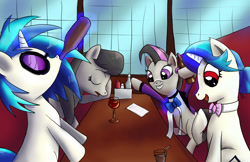 Size: 2500x1618 | Tagged: safe, artist:fox-moonglow, dj pon-3, octavia melody, vinyl scratch, earth pony, pony, bottle, drinking, female, lesbian, mirror universe, rocktavia, scratchtavia, shipping, vinyl class