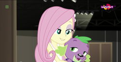 Size: 1360x700 | Tagged: safe, screencap, fluttershy, spike, spike the regular dog, dog, equestria girls, movie magic, spoiler:eqg specials, lip bite, teletoon