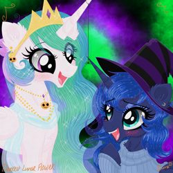 Size: 3500x3500 | Tagged: safe, artist:darkest-lunar-flower, princess celestia, princess luna, alicorn, pony, spider, abstract background, blushing, clothes, costume, crown, cute, duo, duo female, female, hat, jewelry, looking at each other, mare, necklace, nightmare night, open mouth, regalia, royal sisters, siblings, signature, sisters, smiling, sweater, witch hat