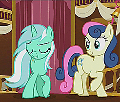 Size: 246x209 | Tagged: safe, screencap, bon bon, lyra heartstrings, sweetie drops, pony, slice of life (episode), animated, butt bump, butt to butt, butt touch, female, happy happy joy joy, mare, plot, ren and stimpy