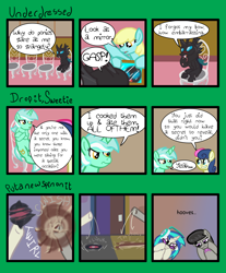 Size: 2550x3075 | Tagged: safe, artist:oneovertwo, bon bon, dj pon-3, kevin (changeling), lyra heartstrings, octavia melody, sassaflash, sweetie drops, vinyl scratch, changeling, earth pony, pony, slice of life (episode), comic, expensive imported oats, hooves, horse problems