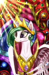 Size: 3360x5120 | Tagged: safe, artist:darksly, princess celestia, alicorn, pony, commission, crown, female, mare, peytral, regalia, reward, solo, throne, wings