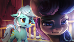 Size: 1920x1080 | Tagged: safe, artist:assasinmonkey, bon bon, lyra heartstrings, sweetie drops, earth pony, pony, unicorn, slice of life (episode), bon bond, crying, duo, female, floppy ears, mare, open mouth, ponyville town hall, sad, scene interpretation, town hall