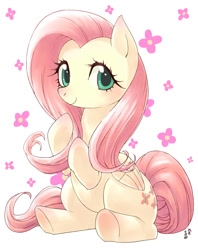 Size: 1000x1263 | Tagged: safe, artist:yanamosuda, fluttershy, pegasus, pony, cute, female, flower, looking at you, mare, shyabetes, sitting, smiling, solo