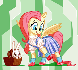 Size: 3000x2687 | Tagged: safe, artist:docwario, angel bunny, fluttershy, pegasus, pony, basket, clothes, crossover, cute, dress, female, looking at something, looking down, mare, shoes, shyabetes, smiling, spread wings, the wizard of oz, wings