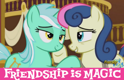 Size: 852x550 | Tagged: safe, edit, edited screencap, screencap, bon bon, lyra heartstrings, sweetie drops, slice of life (episode), caption, image macro, just friends, meme, out of context