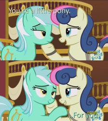 Size: 1280x1428 | Tagged: safe, edit, screencap, bon bon, lyra heartstrings, sweetie drops, slice of life (episode), baneposting, discovery family logo, female, lesbian, lyrabon, shipping