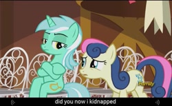 Size: 1019x627 | Tagged: safe, screencap, bon bon, lyra heartstrings, sweetie drops, slice of life (episode), discovery family logo, meme, sitting, sitting lyra, youtube caption