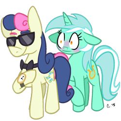 Size: 1000x1000 | Tagged: safe, artist:rivalcat, bon bon, lyra heartstrings, sweetie drops, slice of life (episode), blushing, bon bond, female, lesbian, lyrabon, secret agent sweetie drops, shipping, simple background, sunglasses, transparent background, watch