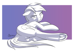Size: 3496x2480 | Tagged: safe, alternate version, artist:madgehog, derpibooru import, rainbow dash, pegasus, pony, bed, black and white, blushing, butt, female, females only, frog (hoof), grayscale, hoofbutt, ink, lineart, looking at you, looking back, lying on bed, mare, monochrome, on back, on bed, plot, solo, solo female, tail, underhoof