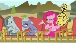 Size: 1920x1080 | Tagged: safe, screencap, limestone pie, marble pie, pinkie pie, pony, rock solid friendship, annoyed, foam finger, lidded eyes, nose wrinkle, pennant