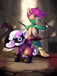 Size: 750x1000 | Tagged: safe, artist:bakki, scootaloo, sweetie belle, pony, action pose, bipedal, blood, clothes, costume, crossover, fight, hit-girl, kick-ass, mask, ponified, superhero, weapon