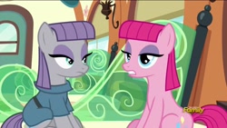 Size: 1920x1080 | Tagged: safe, screencap, maud pie, pinkie pie, pony, rock solid friendship, behaving like maud pie, discovery family logo, imitation, impersonating, sitting