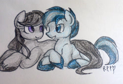 Size: 1400x955 | Tagged: safe, artist:rareponypairings, octavia melody, shady daze, earth pony, pony, female, male, older, shadytavia, shipping, smiling, straight, traditional art, unshorn fetlocks