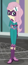 Size: 183x427 | Tagged: safe, screencap, fluttershy, saddle rager, butterfly, equestria girls, movie magic, spoiler:eqg specials, clothes, costume, cropped, female, gloves, looking at you, net, power ponies, solo