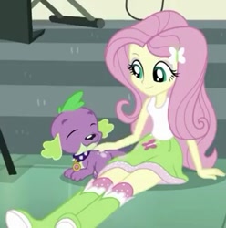 Size: 368x371 | Tagged: safe, screencap, fluttershy, spike, spike the regular dog, dog, dance magic, equestria girls, spoiler:eqg specials, boots, clothes, cute, eyes closed, female, male, skirt, smiling