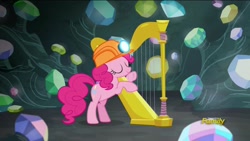 Size: 1920x1080 | Tagged: safe, screencap, pinkie pie, earth pony, pony, rock solid friendship, diagetic music, discovery family logo, gem, gem cave, hard hat, harp, hat, helmet, mine, mining helmet, musical instrument, solo