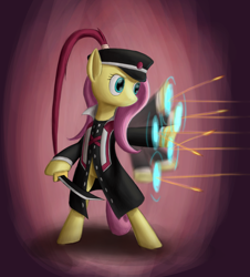 Size: 1990x2200 | Tagged: safe, artist:panzerhi, fluttershy, pegasus, pony, bipedal, bullet, cap, hard clothes, hat, motion blur, saber, solo, standing, weapon