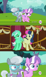 Size: 375x627 | Tagged: safe, screencap, bon bon, diamond tiara, lyra heartstrings, silver spoon, sweetie drops, slice of life (episode), best friends, bump bump sugar lump rump, butt bump, butt to butt, butt touch, implied lesbian, just friends