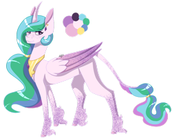 Size: 1024x825 | Tagged: safe, artist:leviathanscrown, princess celestia, alicorn, classical unicorn, pony, unicorn, alternate hairstyle, cloven hooves, color palette, curved horn, dappled, ear piercing, earring, female, freckles, horn, jewelry, leonine tail, mare, missing accessory, missing cutie mark, peytral, piercing, ponytail, simple background, solo, transparent background, unshorn fetlocks