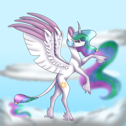 Size: 1024x1024 | Tagged: safe, artist:leviathanscrown, princess celestia, alicorn, classical unicorn, pony, unicorn, cloven hooves, curved horn, cutie mark, female, horn, leonine tail, lidded eyes, mare, profile, rearing, smiling, solo, spread wings, unshorn fetlocks, wings