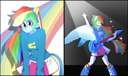 Size: 1080x640 | Tagged: safe, artist:onyx_clarisse, derpibooru import, rainbow dash, equestria girls, digital art, guitar, headband, musical instrument, pony ears, smiling, wings