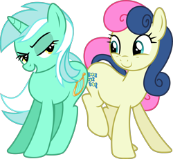 Size: 6862x6310 | Tagged: safe, artist:xhalesx, bon bon, lyra heartstrings, sweetie drops, earth pony, pony, unicorn, slice of life (episode), absurd resolution, bedroom eyes, best friends, butt bump, butt to butt, butt touch, female, just friends, looking at each other, mare, simple background, smiling, transparent background, vector