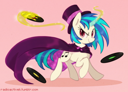 Size: 1024x738 | Tagged: safe, artist:radioactive-k, dj pon-3, vinyl scratch, pony, unicorn, cape, clothes, hat, records, solo, top hat