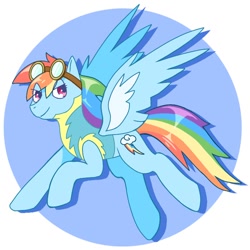 Size: 768x768 | Tagged: safe, artist:makaroni923, derpibooru import, rainbow dash, pegasus, pony, clothes, digital art, eye clipping through hair, goggles, smiling, solo, uniform, wonderbolt trainee uniform