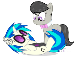 Size: 900x675 | Tagged: safe, artist:dm29, dj pon-3, octavia melody, vinyl scratch, earth pony, pony, female, headphones, lesbian, on back, record, scratchtavia, shipping, simple background, transparent background