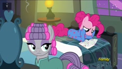 Size: 1920x1080 | Tagged: safe, screencap, maud pie, pinkie pie, pony, rock solid friendship, chart, clothes, discovery family logo, footed sleeper, hair curlers, pajamas