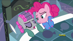 Size: 1920x1080 | Tagged: safe, screencap, maud pie, pinkie pie, pony, rock solid friendship, clothes, discovery family logo, footed sleeper, hair curlers, pajamas