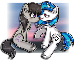 Size: 1116x884 | Tagged: safe, artist:sergclau, dj pon-3, octavia melody, vinyl scratch, earth pony, pony, female, lesbian, licking, scratchtavia, shipping