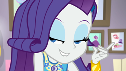 Size: 1920x1080 | Tagged: safe, screencap, rarity, better together, do it for the ponygram!, equestria girls, bracelet, eyeshadow, female, geode of shielding, jewelry, lidded eyes, lip bite, magical geodes, makeup, pointing, sexy, smiling, solo