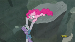 Size: 1920x1080 | Tagged: safe, screencap, maud pie, pinkie pie, pony, rock solid friendship, cliff, discovery family logo, ghastly gorge, hanging