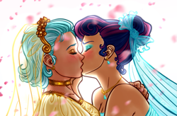 Size: 969x635 | Tagged: safe, artist:superkeen, bon bon, lyra heartstrings, sweetie drops, human, alternate hairstyle, blushing, bride, clothes, dress, ear piercing, earring, eyes closed, female, humanized, jewelry, kissing, lesbian, lyrabon, necklace, piercing, shipping, that was fast, wedding, wedding dress, wedding veil