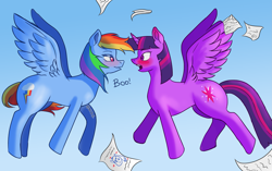 Size: 3281x2056 | Tagged: safe, artist:nire, derpibooru import, rainbow dash, twilight sparkle, twilight sparkle (alicorn), alicorn, pegasus, pony, bedroom eyes, blushing, boo, duo, eye contact, female, females only, flying, gasp, lesbian, looking at each other, mare, open mouth, scared, shipping, smiling, spread legs, spread wings, spreading, startled, twidash, wings